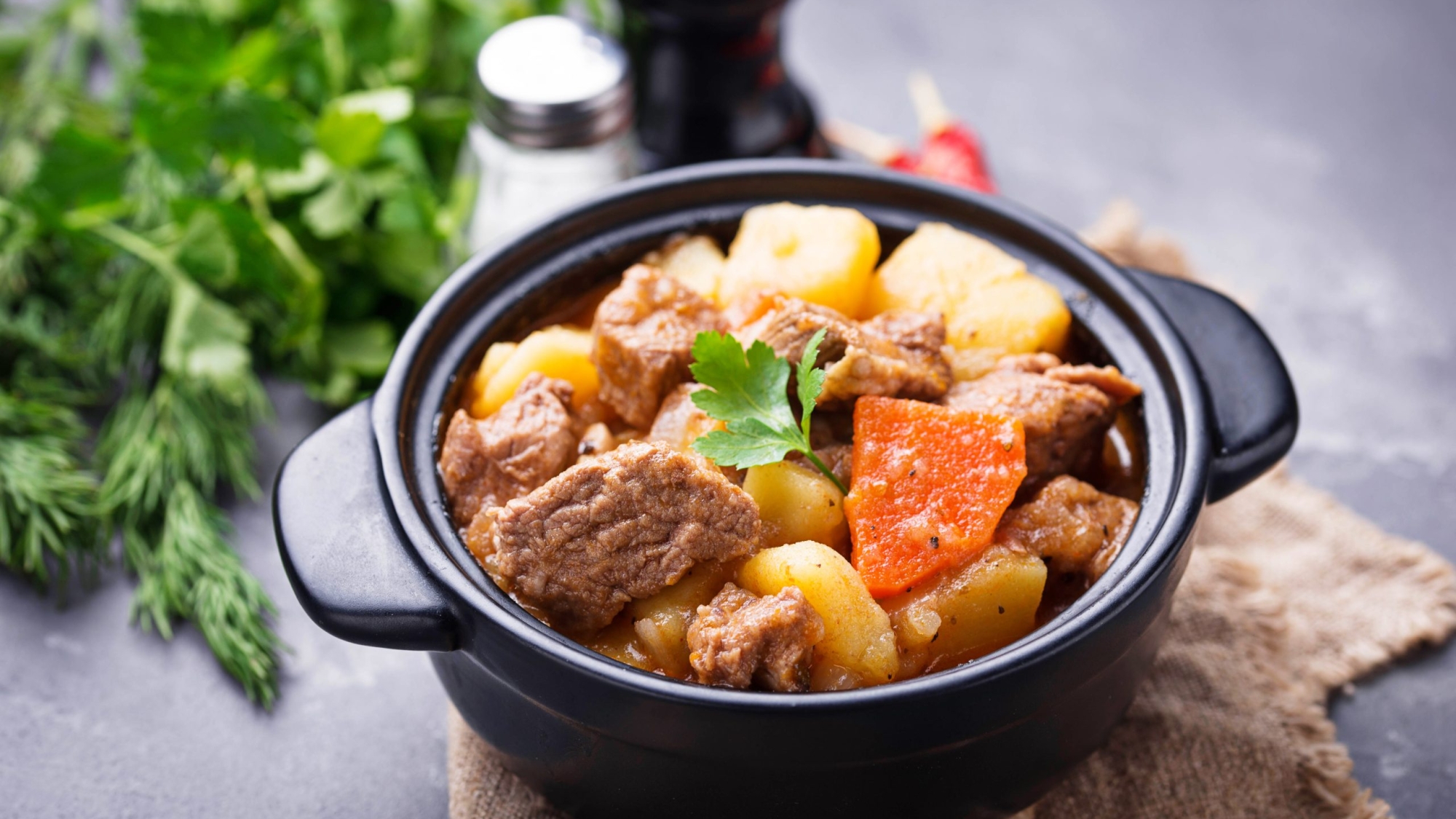 Beef stew with potato and carrot. Selective focus